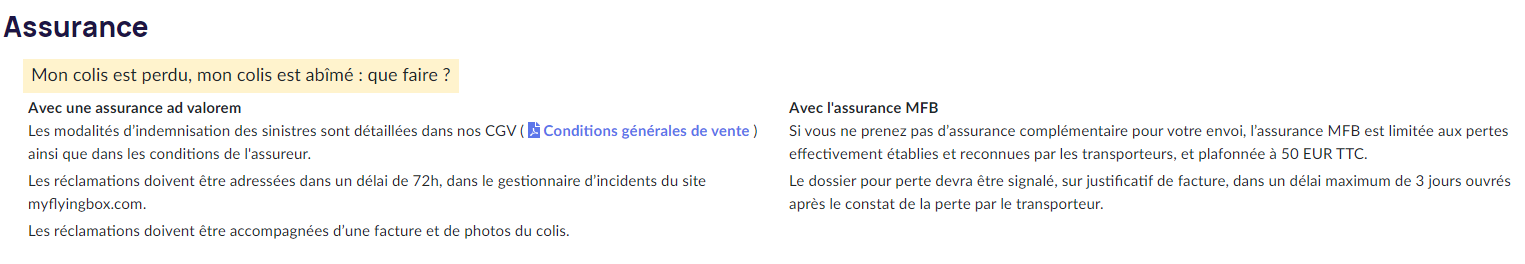 Assurance colis perdu / abimé