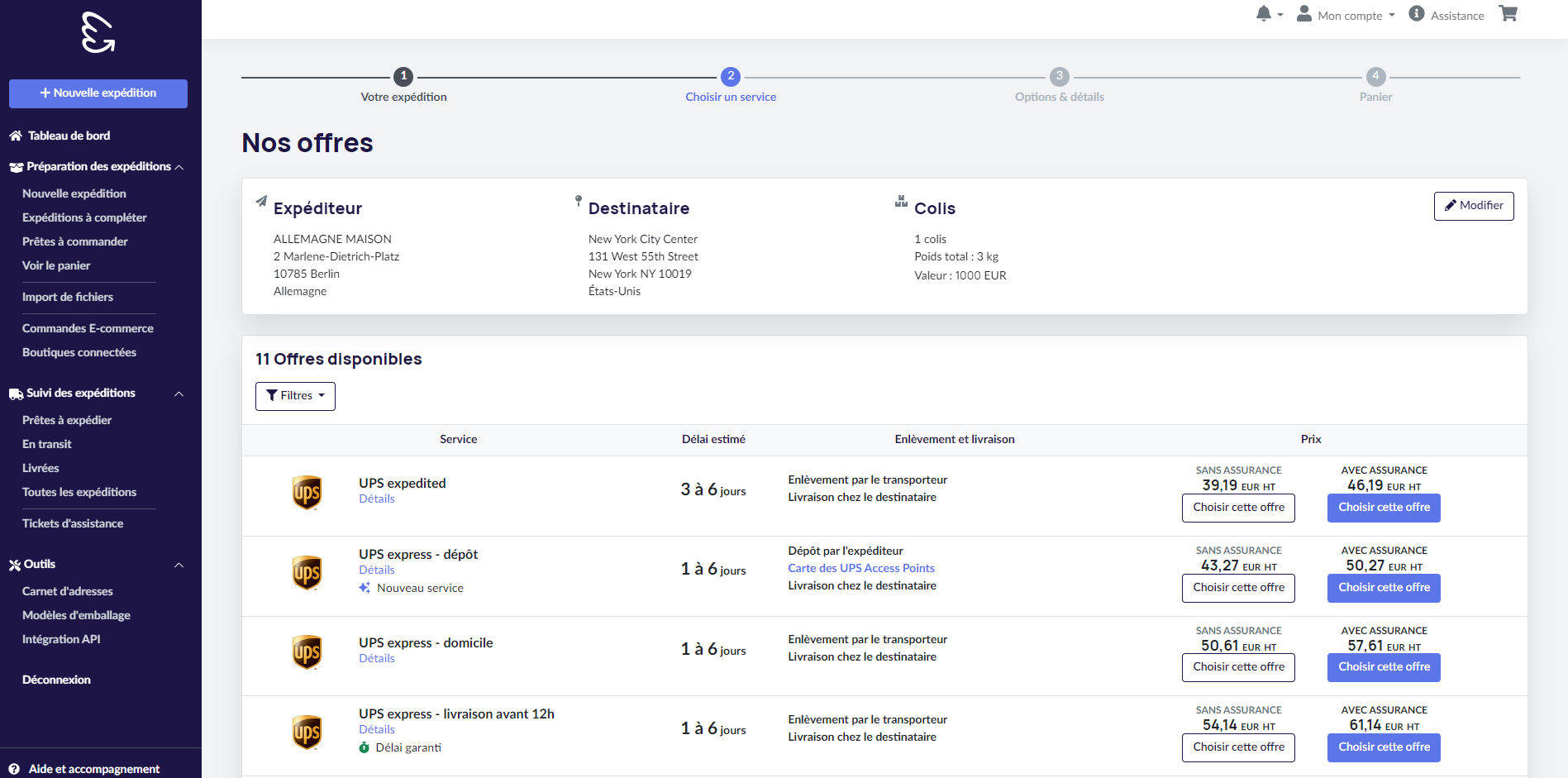 dashboard myflyingbox comparatif assurance ad valorem et type d'expédition